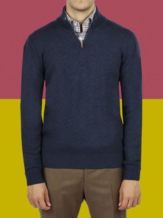 Wool zipped waffle henley sweater