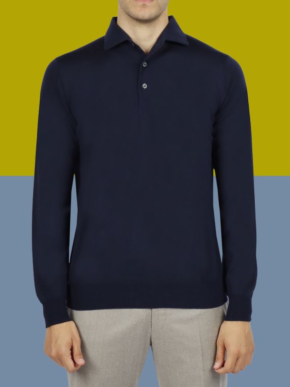 Long sleeve polo shirt in royal merinos