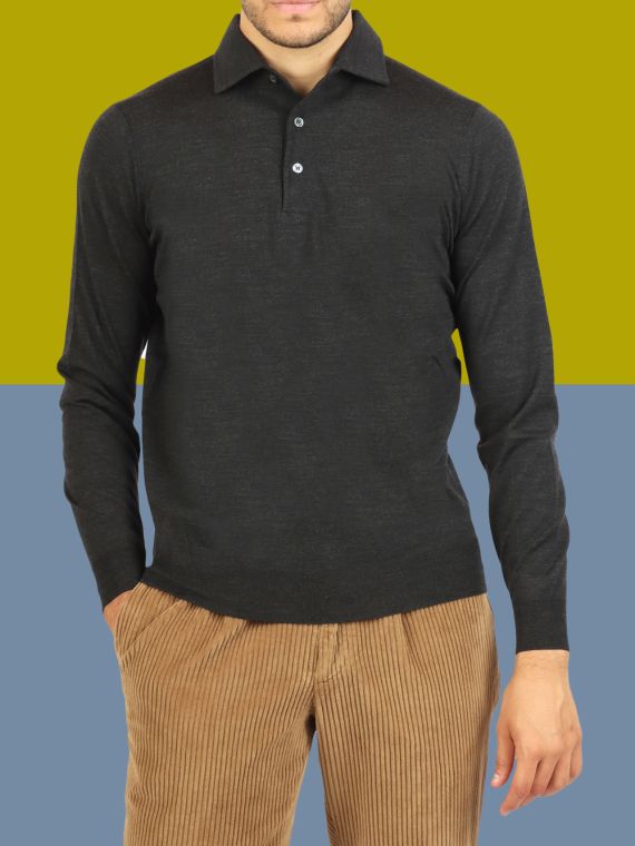 Long sleeve polo shirt in royal merinos